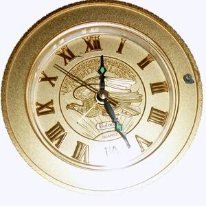 Bulova B0675 Gold Tone Coin Face Eagle Quartz Alarm Desk Clock Roman Numerals